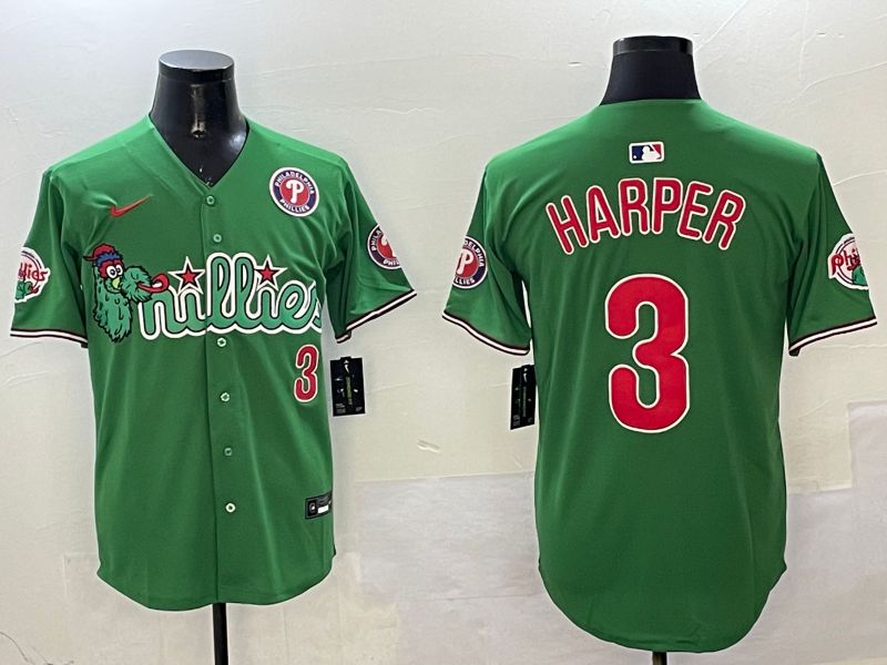 Men Philadelphia Phillies #3 Harper Green Three generations Joint Name Game 2025 Nike MLB Jersey style 1